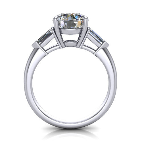 Gracie round three stone engagement ring in 18K White Gold, through-finger front profile showing the open basket and polished band