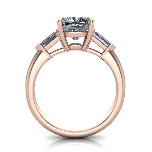 Gracie cushion three stone engagement ring in 14K Rose Gold, through-finger front profile showing the open basket and polished band