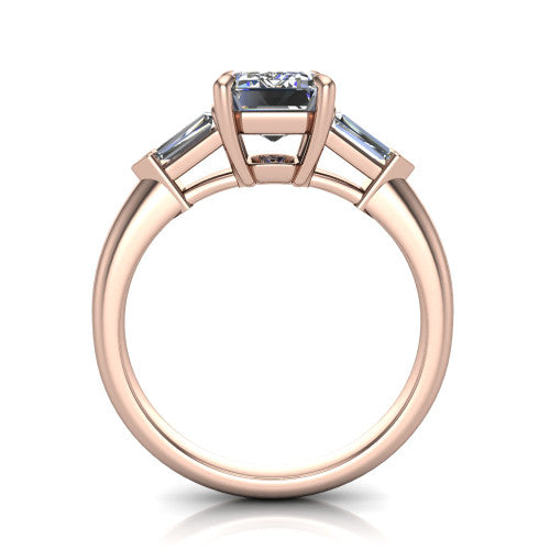 Gracie emerald three stone engagement ring in 14K Rose Gold, through-finger front profile showing the open basket and polished band