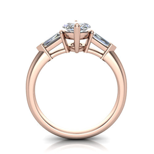 Gracie marquise three stone engagement ring in 14K Rose Gold, through-finger front profile showing the open basket and polished band