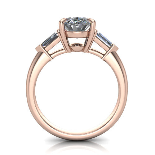 Gracie oval three stone engagement ring in 18K Rose Gold, through-finger front profile showing the open basket and polished band