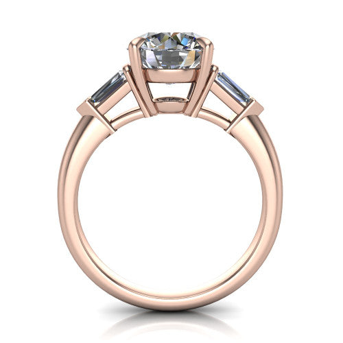 Gracie round three stone engagement ring in 14K Rose Gold, through-finger front profile showing the open basket and polished band