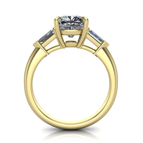 Gracie cushion three stone engagement ring in 14K Yellow Gold, through-finger front profile showing the open basket and polished band