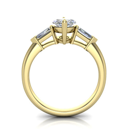 Gracie marquise three stone engagement ring in 18K Yellow Gold, through-finger front profile showing the open basket and polished band