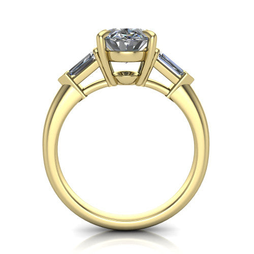 Gracie oval three stone engagement ring in 18K Yellow Gold, through-finger front profile showing the open basket and polished band
