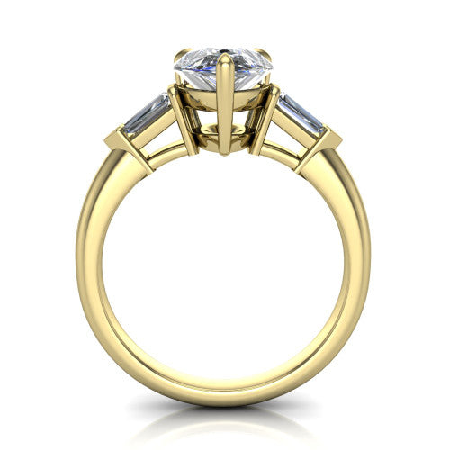 Gracie pear three stone engagement ring in 14K Yellow Gold, through-finger front profile showing the open basket and polished band
