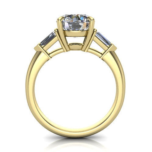 Gracie round three stone engagement ring in 14K Yellow Gold, through-finger front profile showing the open basket and polished band