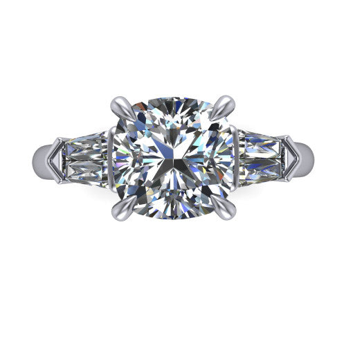Gracie cushion three stone engagement ring in 18K White Gold, top-down view showing the cushion center diamond and baguette accents
