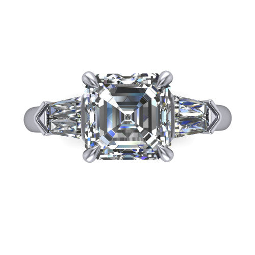 Gracie square emerald three stone engagement ring in 14K White Gold, top-down view showing the square emerald center diamond and baguette accents