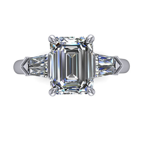 Gracie emerald three stone engagement ring in 14K White Gold, top-down view showing the emerald center diamond and baguette accents