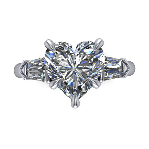 Gracie heart three stone engagement ring in 14K White Gold, top-down view showing the heart center diamond and baguette accents