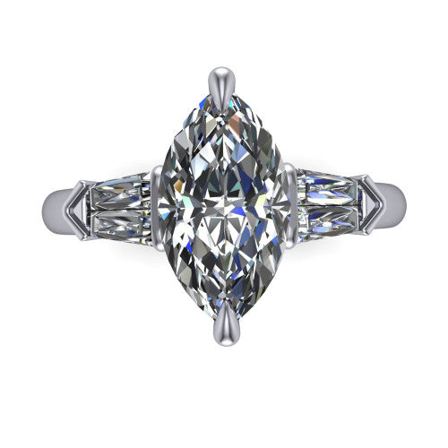 Gracie marquise three stone engagement ring in 18K White Gold, top-down view showing the marquise center diamond and baguette accents