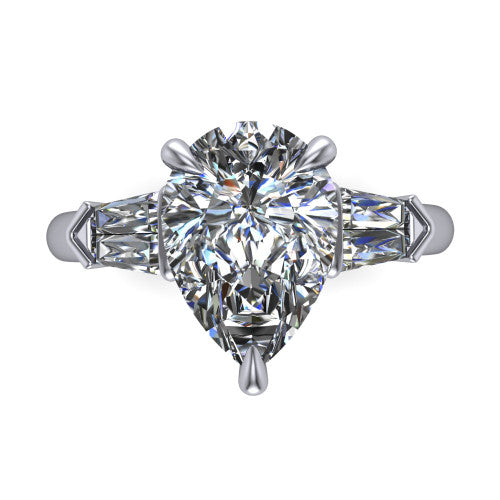 Gracie pear three stone engagement ring in Platinum, top-down view showing the pear center diamond and baguette accents