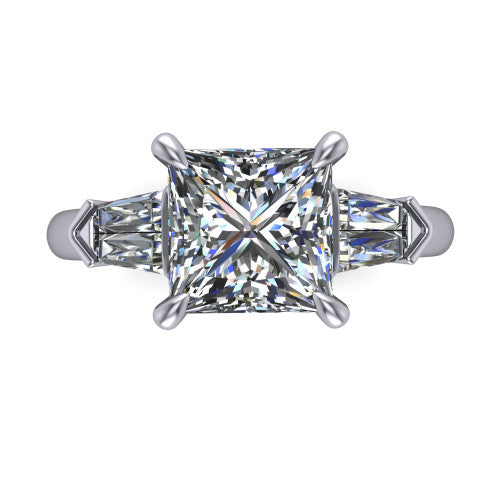 Gracie princess three stone engagement ring in 18K White Gold, top-down view showing the princess center diamond and baguette accents