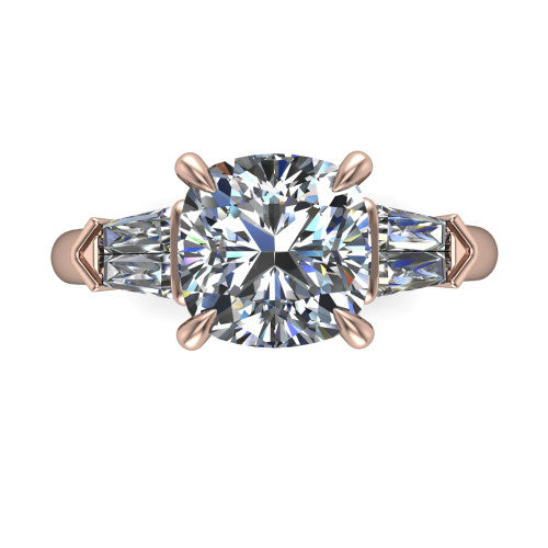 Gracie cushion three stone engagement ring in 18K Rose Gold, top-down view showing the cushion center diamond and baguette accents