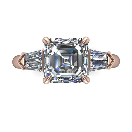 Gracie square emerald three stone engagement ring in 18K Rose Gold, top-down view showing the square emerald center diamond and baguette accents
