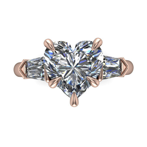 Gracie heart three stone engagement ring in 18K Rose Gold, top-down view showing the heart center diamond and baguette accents