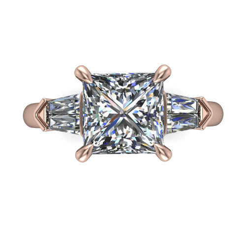 Gracie princess three stone engagement ring in 14K Rose Gold, top-down view showing the princess center diamond and baguette accents