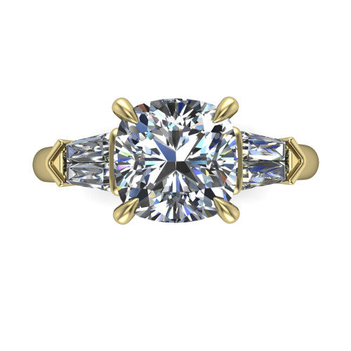 Gracie cushion three stone engagement ring in 18K Yellow Gold, top-down view showing the cushion center diamond and baguette accents