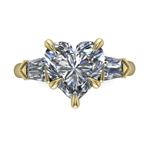 Gracie heart three stone engagement ring in 18K Yellow Gold, top-down view showing the heart center diamond and baguette accents