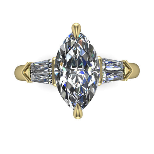 Gracie marquise three stone engagement ring in 14K Yellow Gold, top-down view showing the marquise center diamond and baguette accents