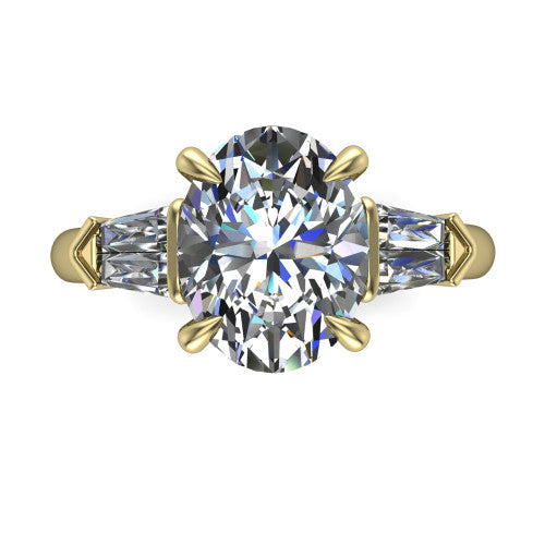 Gracie oval three stone engagement ring in 18K Yellow Gold, top-down view showing the oval center diamond and baguette accents