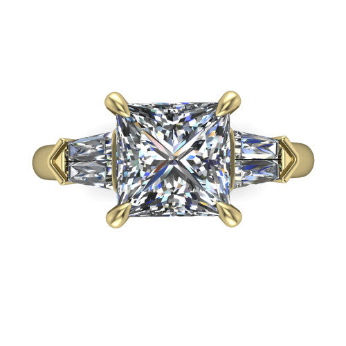 Gracie princess three stone engagement ring in 18K Yellow Gold, top-down view showing the princess center diamond and baguette accents