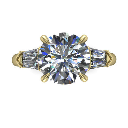 Gracie round three stone engagement ring in 18K Yellow Gold, top-down view showing the round center diamond and baguette accents