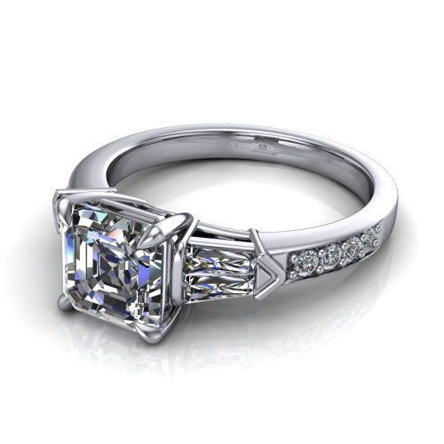 Audrey asscher three stone engagement ring in 14K White Gold, three-quarter perspective showing the center diamond between two tapered baguette side stones above a pav&eacute; band