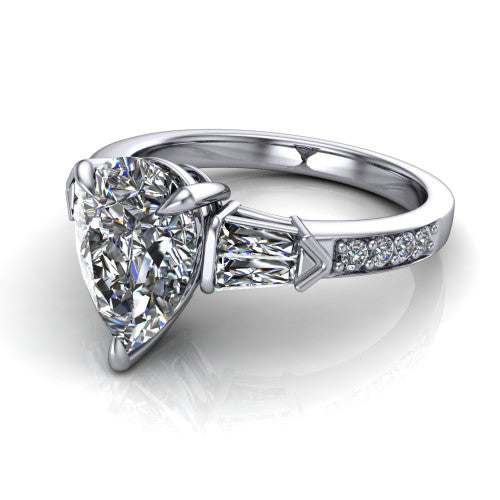 Audrey pear three stone engagement ring in 14K White Gold, three-quarter perspective showing the center diamond between two tapered baguette side stones above a pav&eacute; band