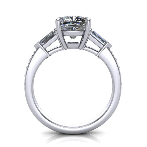 Audrey cushion three stone engagement ring in 14K White Gold, through-finger front profile showing the three-stone head raised above the pav&eacute; band