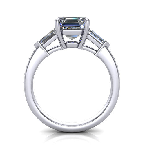 Audrey asscher three stone engagement ring in 18K White Gold, through-finger front profile showing the three-stone head raised above the pav&eacute; band
