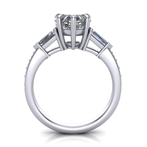 Audrey heart three stone engagement ring in Platinum, through-finger front profile showing the three-stone head raised above the pav&eacute; band