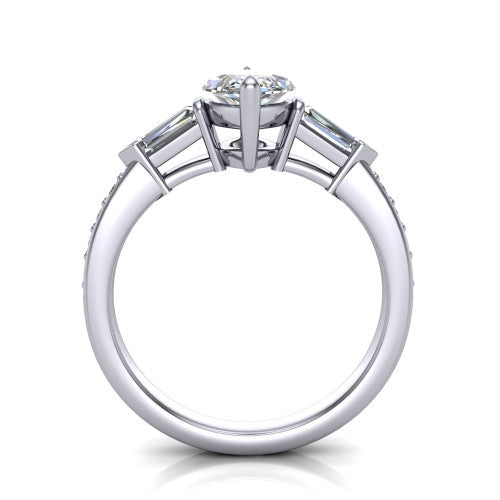 Audrey marquise three stone engagement ring in Platinum, through-finger front profile showing the three-stone head raised above the pav&eacute; band