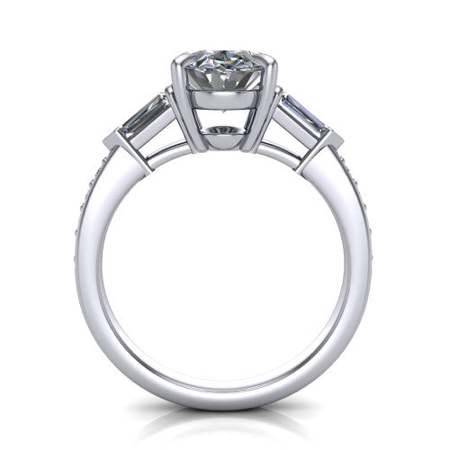 Audrey oval three stone engagement ring in Platinum, through-finger front profile showing the three-stone head raised above the pav&eacute; band