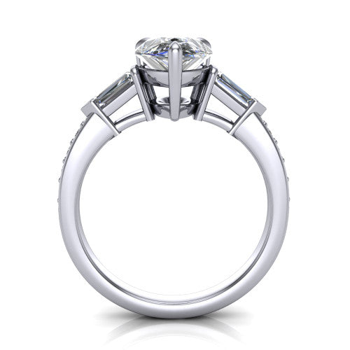 Audrey pear three stone engagement ring in 18K White Gold, through-finger front profile showing the three-stone head raised above the pav&eacute; band