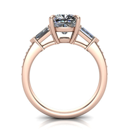 Audrey cushion three stone engagement ring in 18K Rose Gold, through-finger front profile showing the three-stone head raised above the pav&eacute; band