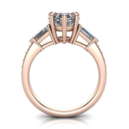 Audrey heart three stone engagement ring in 18K Rose Gold, through-finger front profile showing the three-stone head raised above the pav&eacute; band