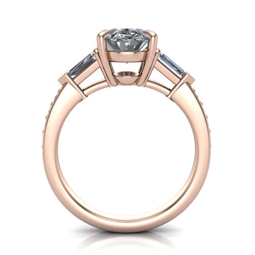 Audrey oval three stone engagement ring in 14K Rose Gold, through-finger front profile showing the three-stone head raised above the pav&eacute; band