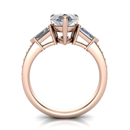 Audrey pear three stone engagement ring in 14K Rose Gold, through-finger front profile showing the three-stone head raised above the pav&eacute; band