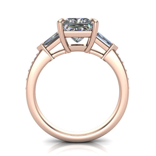Audrey princess three stone engagement ring in 14K Rose Gold, through-finger front profile showing the three-stone head raised above the pav&eacute; band