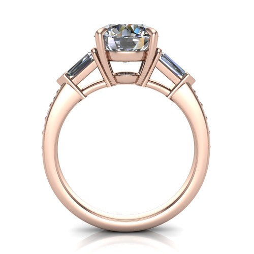 Audrey round three stone engagement ring in 18K Rose Gold, through-finger front profile showing the three-stone head raised above the pav&eacute; band
