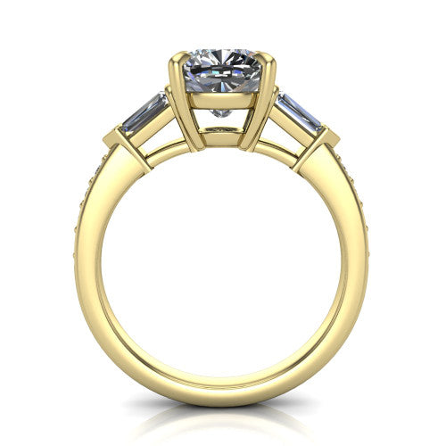 Audrey cushion three stone engagement ring in 14K Yellow Gold, through-finger front profile showing the three-stone head raised above the pav&eacute; band