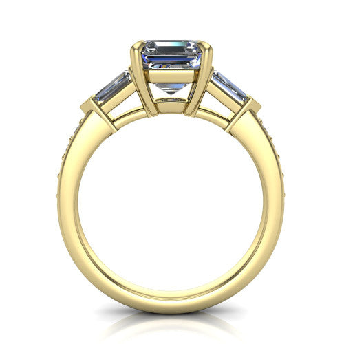 Audrey asscher three stone engagement ring in 18K Yellow Gold, through-finger front profile showing the three-stone head raised above the pav&eacute; band