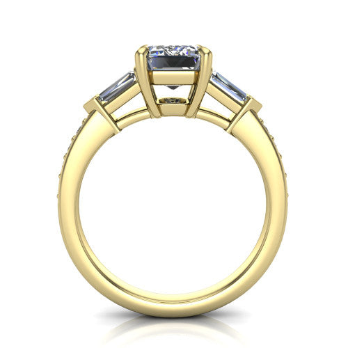 Audrey emerald three stone engagement ring in 14K Yellow Gold, through-finger front profile showing the three-stone head raised above the pav&eacute; band