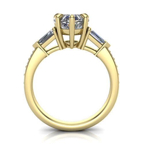 Audrey heart three stone engagement ring in 14K Yellow Gold, through-finger front profile showing the three-stone head raised above the pav&eacute; band