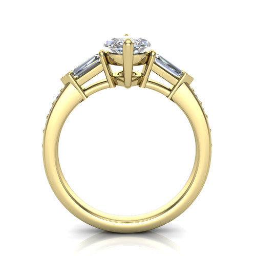 Audrey marquise three stone engagement ring in 14K Yellow Gold, through-finger front profile showing the three-stone head raised above the pav&eacute; band