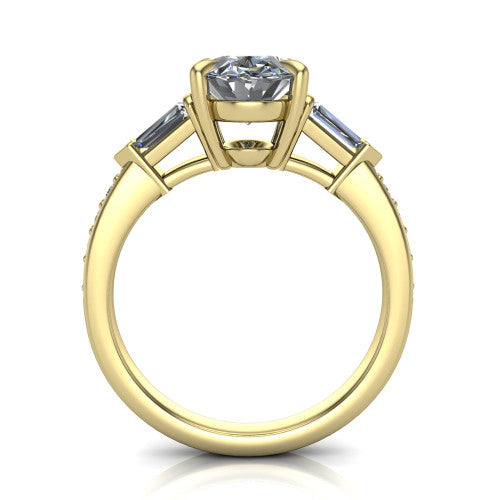 Audrey oval three stone engagement ring in 14K Yellow Gold, through-finger front profile showing the three-stone head raised above the pav&eacute; band