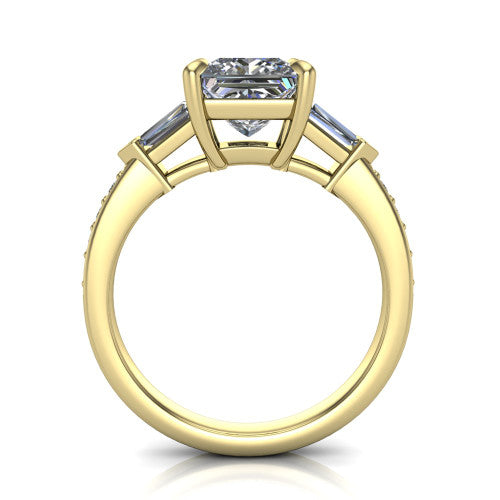 Audrey princess three stone engagement ring in 14K Yellow Gold, through-finger front profile showing the three-stone head raised above the pav&eacute; band