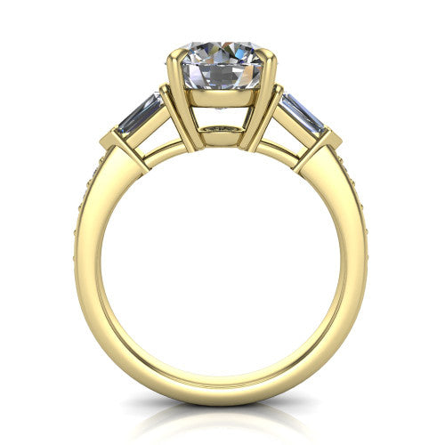 Audrey round three stone engagement ring in 14K Yellow Gold, through-finger front profile showing the three-stone head raised above the pav&eacute; band